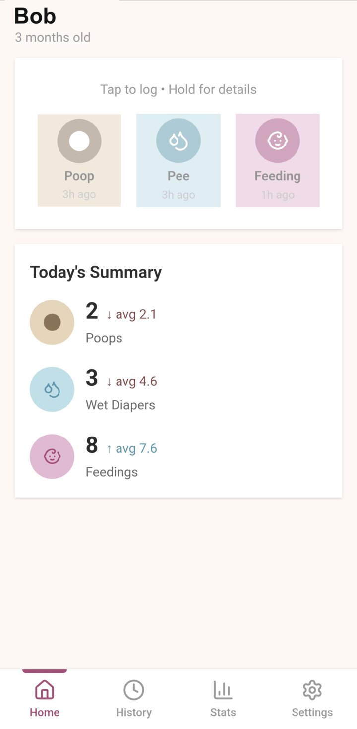 Baby Tracker home screen showing the three log buttons and today's summary
